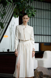 Cream Colored Cropped Blazer and Full Skirt Set